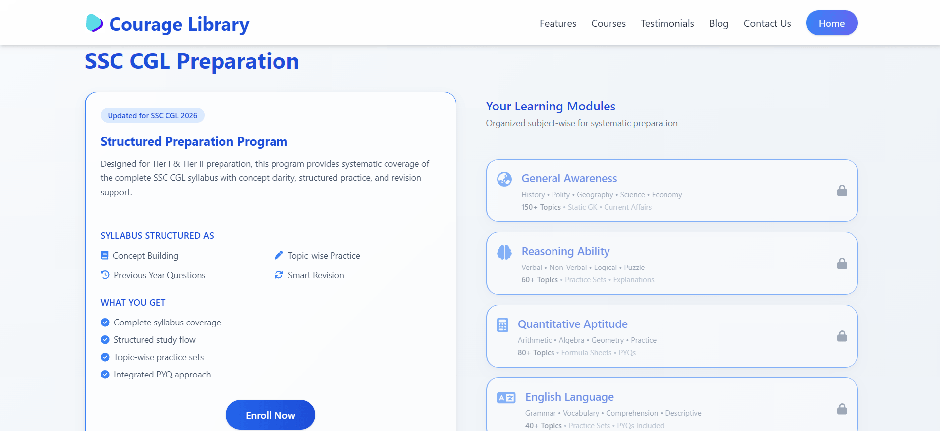Courage Library dashboard page